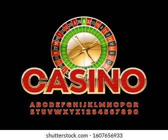 Vector chic Emblem Casino with roulette wheel. Royal Red and Golden Alphabet Letters and Numbers. Luxury Stylish Font.