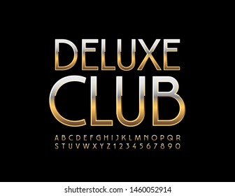 Vector chic emblem Deluxe Club. Uppercase Golden Font. Shiny Alphabet Letters and Numbers