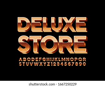 Vector chic Emblem Deluxe Store. Golden 3D Font. Luxury glossy Alphabet Letters and Numbers.