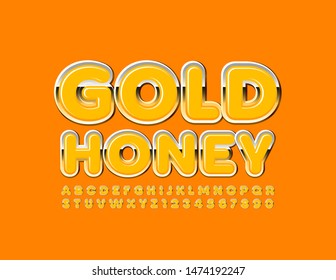 Emblema vectorial chic Miel de oro con fuente superior. Letras y números ALphabet naranja brillante