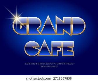 Vector chic emblema Grand Café. Moda azul y fuente de oro. Conjunto de letras y números de alfabeto de élite