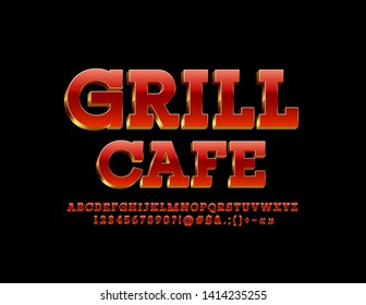 Vector chic emblem Grill Cafe. Red and Golden Alphabet Letters, Numbers and Symbols. Elite 3D Font