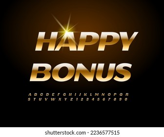 Emblema vectorial chic Feliz Bono. Brillante Fuente Dorada. Letras y números de alfabeto de lujo modernos