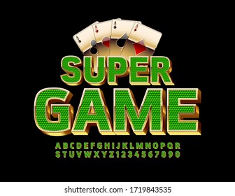 Vector chic Emblem Super Game. Elite shiny Font. Green and Gold Alphabet Letters and Numbers