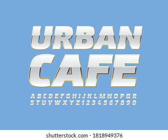 Vector chic emblem Urban Cafe. White and Gold glossy Font. Elite Alphabet Letters and Numbers set