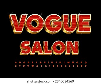 Vector chic Emblem Vogue Salon. Red and Golden luxury Font 
with Sparkling Stars. Premium Alphabet Letters and Numbers set.