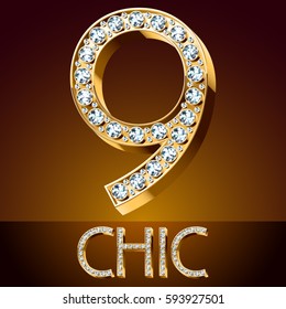 Fuente vectorial chic brillante. Número de oro 9