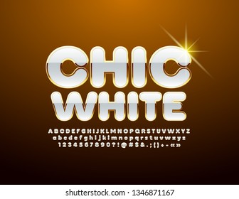 Tipo de letra vectorial chic. Letras, números y símbolos elegantes de alfabeto blanco y oro.