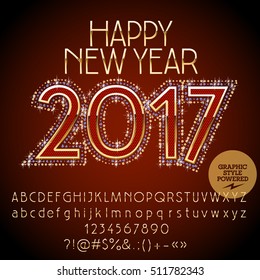 Vector chic glitter Happy New Year 2017 greeting card with set of letters, symbols and numbers. File contains graphic styles