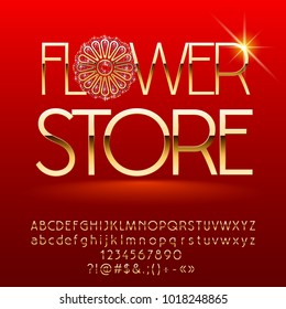 Vector Chic Golden Alphabet with Elegant Decorative Element. Flower Store Sign. Luxury set of Letters, Numbers and Symbols.
