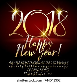 Vector chic Golden Greeting Card Merry Christmas 2018. Calligraphic set of Alphabet Letters, Numbers and Symbols.