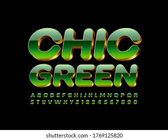 Vector Chic Green And Golden Font. 3D Luxury Alphabet Letters And Numbers