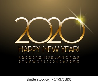 Vector chic Greeting Card Happy New Year 2020 with thin Golden Font. Luxury Alphabet Letters and Numbers