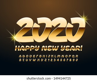 Vector chic Greeting Card Happy New Year 2020. Unique Golden Font. Luxury Alphabet Letters and Numbers.