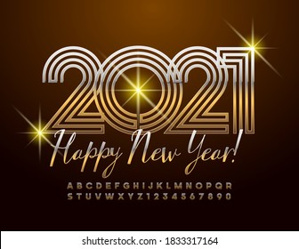 Vector chic Greeting Card Happy New Year 2021. Golden Alphabet Letters and Numbers. Geometric luxury Font