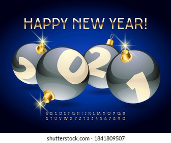 Vector chic greeting card Happy New Year 2021 with Silver Christmas balls. Gold elite Font. Shiny Alphabet Letters and Numbers set