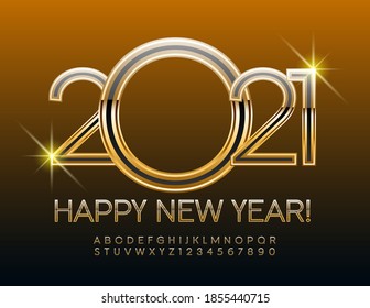 Vektorschicke Grußkarte Frohes Neujahr 2021! Eleganter Schwarz-Gold-Font. Shiny Luxury Alphabet Letters and Numbers Set