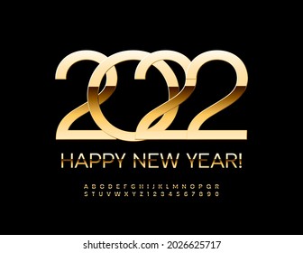 Tarjeta de felicitación Vector Chic Feliz Año Nuevo 2022! Lujo De Moda. Letras y números de los alfabetos dorados