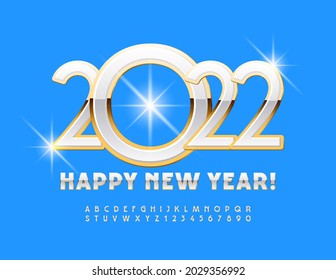 Vector chic Greeting Card Happy New Year 2022! White and Gold shiny Font. Elegant set of Alphabet Letters and Numbers