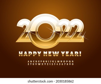 Vector chic Greeting Card Happy New Year 2022! Glossy Golden Font. Luxury Alphabet Letters and Numbers set with Sparkling Stars