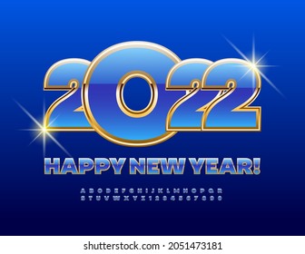 Vector chic Greeting Card Happy New Year 2022! Luxury Blue and Gold Font. Bright Alphabet Letters and Numbers set