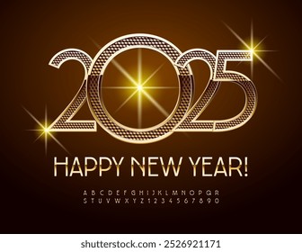 Vector chic Greeting Card Happy New Year 2025! Elegant Gold Alphabet Letters and Numbers. Stylish Slim Font.