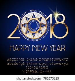 Vector Chic Greeting card Happy New Year 2018 with Gold and Diamond Snowflake. Set of Luxury Alphabet Letters, Numbers and Punctuation Symbols