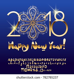 Vector chic Greeting card Happy New Year 2018 with exclusive Snowflake. Set Golden of  Alphabet Letters, Numbers and Symbols