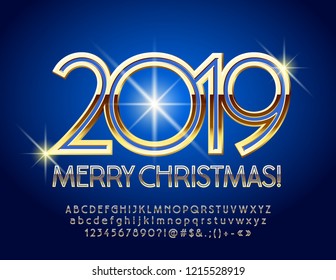Tarjeta de felicitación de Vector chic Feliz Navidad 2019. Tipo de letra delgado y elegante. Letras de alfabeto azul claro y dorado.