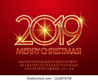 Vector chic Greeting Card Merry Christmas 2019. Luxury Red and Golden Font.