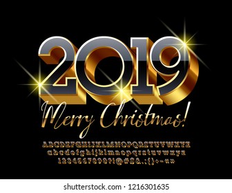 Vector chic Greeting Card Merry Christmas 2019. Luxury set of Alphabet Letters and Numbers. Black and Golden 3D Font.