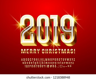 Vector chic Greeting Card Merry Christmas 2019. Stylish White and Golden 3D Font. Bright Alphabet Letters, Numbers and Symbols.