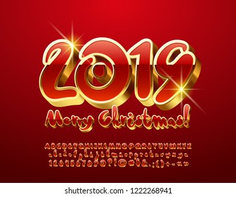 Vector chic Greeting Card Merry Christmas 2019. Luxury Red and Golden 3D Font.