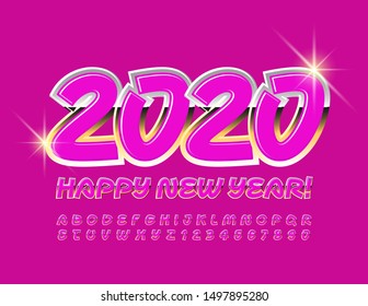 Vector elegante tarjeta de felicitación Feliz Navidad 2020! Rosa brillante y fuente dorada. Letras y números de alta calidad. 
