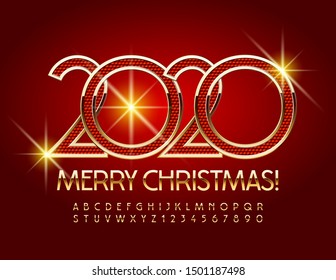 Vetor chic cartão de saudação Feliz Natal 2020! Elegante fonte dourada. Alfabeto de Luxo Letras e Números
