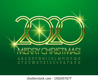 Vector chic Greeting Card Merry Christmas 2020. Green and Golden Font. Elegant Alphabet Letters and Numbers.