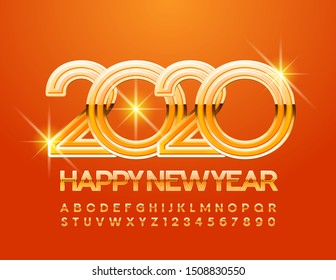 Vector chic Greeting Card Merry Christmas 2020. Glossy Orange and Golden Font. Elegant Alphabet Letters and Numbers