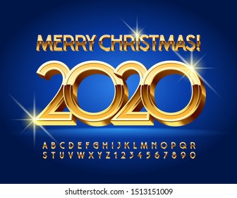 Vector chic Greeting Card Merry Christmas 2020. 3D Luxury Font. Golden Alphabet Letters.