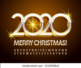 Vector elegante tarjeta de felicitación Feliz Navidad 2020! Letras y números de alfabeto blanco y dorado. Tipo de letra superior elegante en 3D