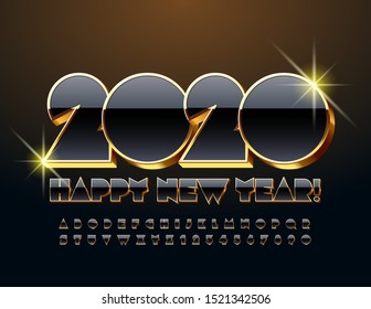 Vector chic greeting card Merry Christmas 2020 with Gold and Black Font. 3D stylish Alphabet. Elite uppercase Letters and Numbers