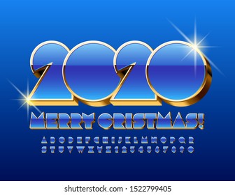 Tarjeta de saludo vectorial chic Feliz Navidad 2020. Elegante fuente dorada y azul 3D. Letras y números de alfabeto luminosos.