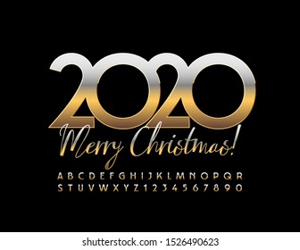 Vector chic greeting card Merry Christmas 2020. Elegant Uppercase Font. Golden Alphabet Letters and Numbers