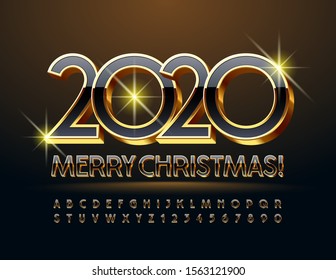 Vector chic Greeting Card Merry Christmas 2020. Black and Gold Alphabet Letters and Numbers. Elite 3D Font. 