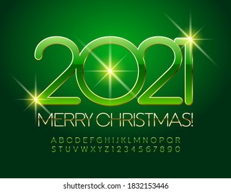 Vector chic greeting card Merry Christmas 2021! Shiny Green and Gold Font. Elegant Alphabet Letters and Numbers set