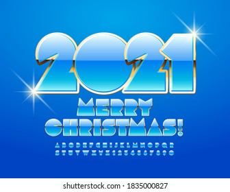 Vector chic greeting card Merry Christmas 2021! Blue and Gold shiny Font. Elite Alphabet Letters and Numbers set