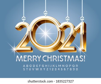 Tarjeta de saludo vectorial chic Feliz Navidad con juguetes decorativos 2021. Fuente de élite brillante. Letras y números alfabetos blancos