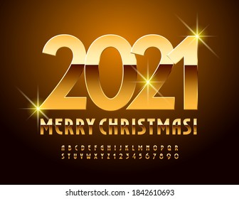 Tarjeta de saludo vectorial chic Feliz Navidad 2o21! Elegante y brillante fuente. Juego de letras y números de los alfabetos con estilo de oro