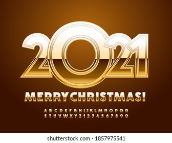 Tarjeta de saludo vectorial elegante ¡Feliz Navidad 2021! Letras y números de alfabeto dorado brillantes. Fuente de elite moderna