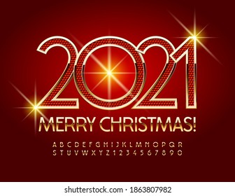 Tarjeta de saludo vectorial elegante ¡Feliz Navidad 2021! Elegante fuente dorada. Juego de letras y números de alfabeto premium