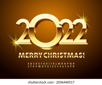 Vector elegante tarjeta de felicitación Feliz Navidad 2022! Juego de letras y números de los alfabetos de oro en 3D. Tipo de letra Premium